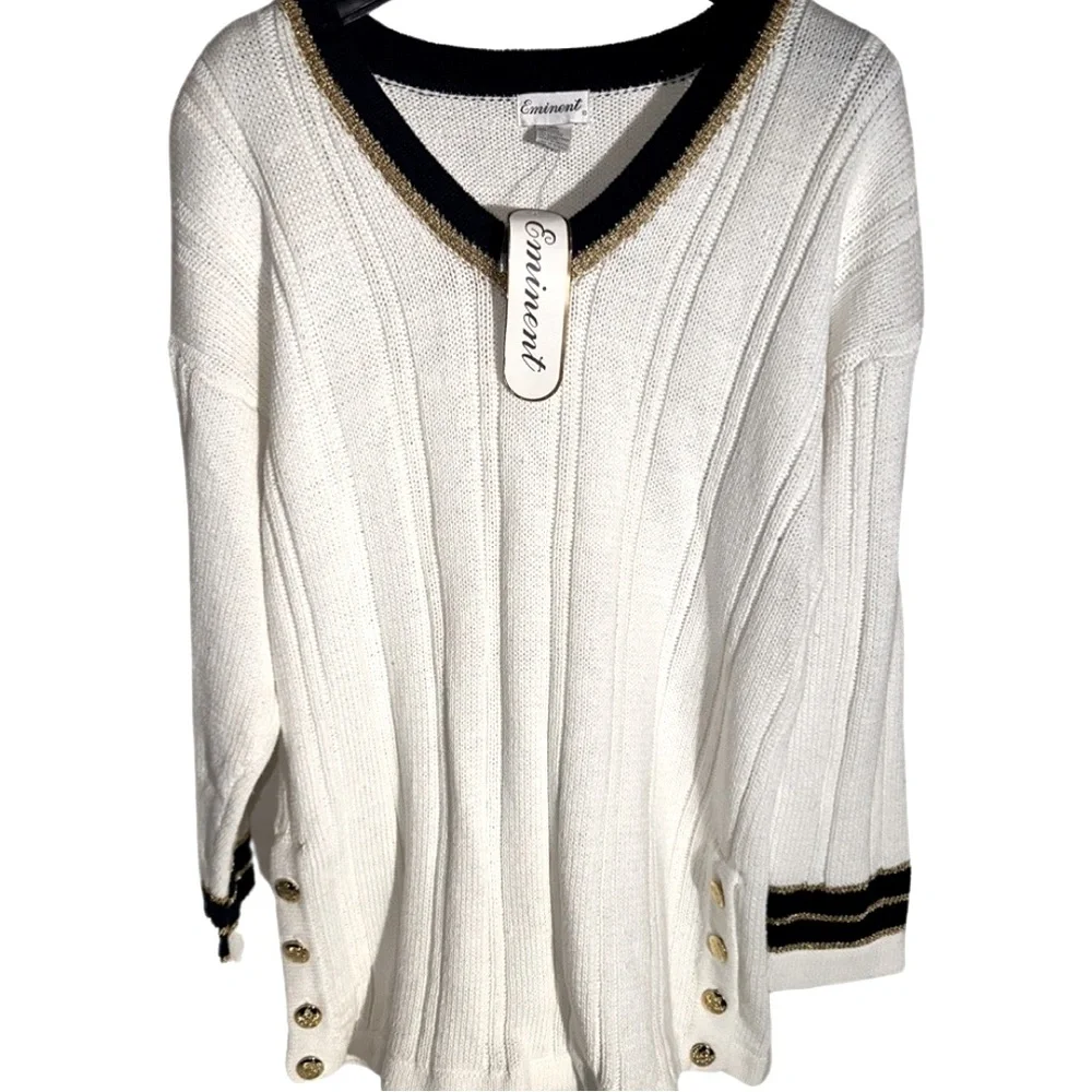 New Eminent White Sweater Padded Shoulders Gold Accent Long Sleeve Knit Sz L - Picture 2 of 2